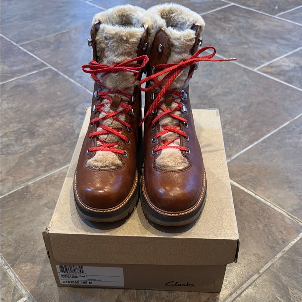 Clarks Brown Leather Boots with Red Accents